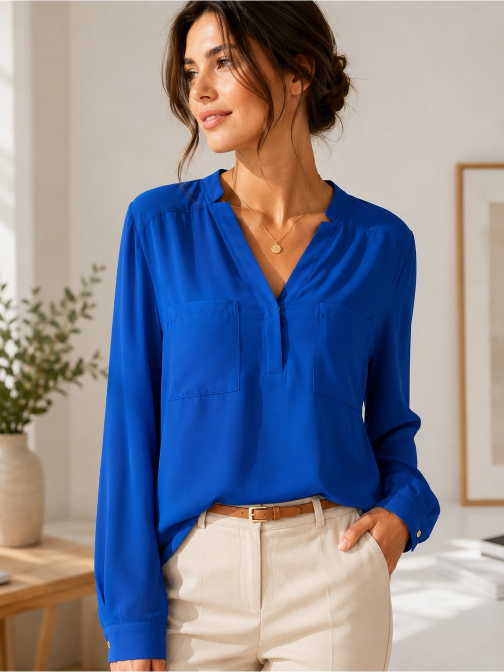 Cobalt Blue Split Neck Blouse XL Minimalist Workwear Top